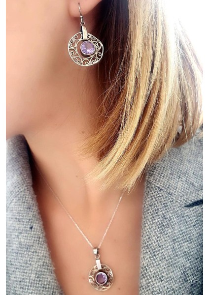 Ametist Taşlı 925 Ayar Gümüş El Işi Set Takım Kolye