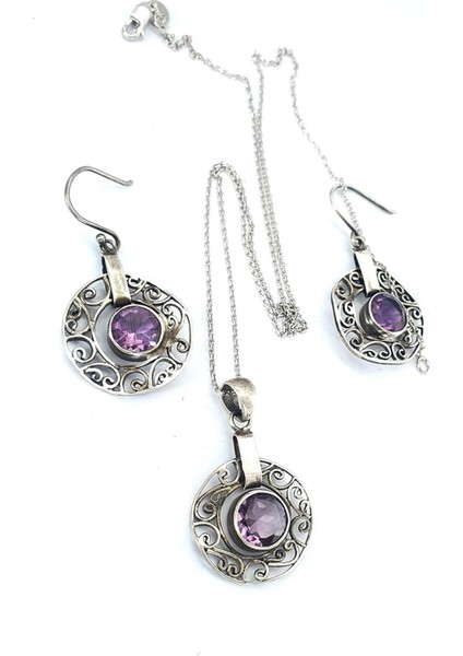Ametist Taşlı 925 Ayar Gümüş El Işi Set Takım Kolye fiyatları