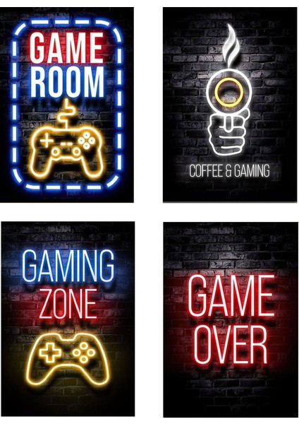 Minik Mucizeler Ahsap Poster 4'lü Set Gaming Zone Game Over Coffee & Gaming Game Room