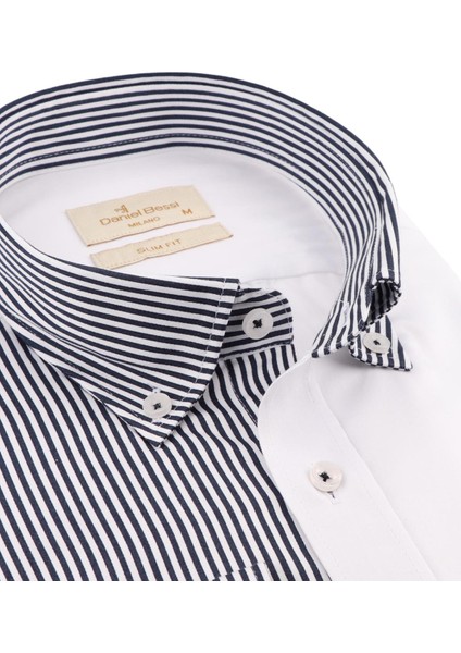Slim Fit Uzun Kollu Beyaz Lacivert Çizgili Erkek Gömlek 990-108 fiyatları