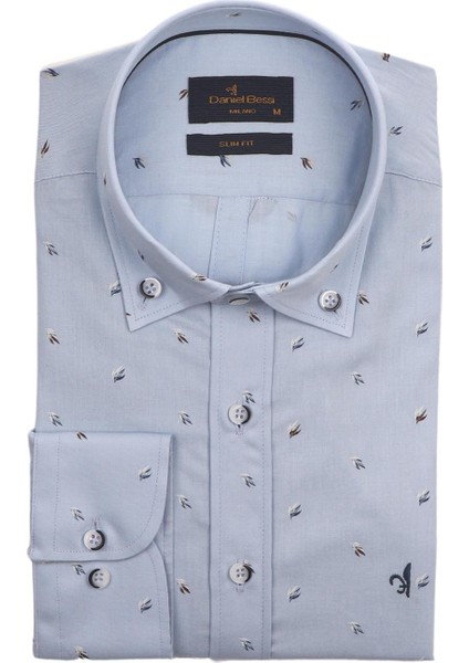 Slim Fit Uzun Kollu Mavi Desenli Erkek Gömlek 582-594