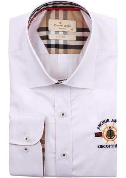 Slim Fit Uzun Kollu Beyaz Armalı Erkek Gömlek 990-110