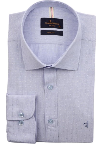 Slim Fit Uzun Kollu Mavi Armürlü Erkek Gömlek 480-733