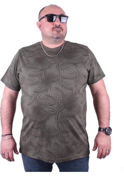 Büyük Beden Sıfır Yaka Tişört Palm Leaf 23148 Hakı