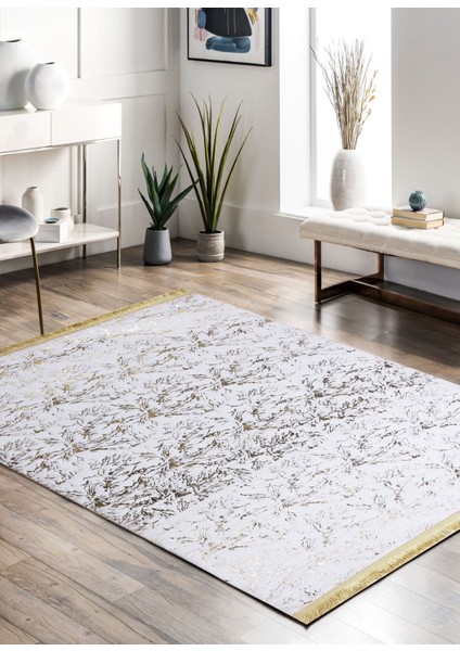 Gold Varaklı Kuş Ayağı Modelli Beyaz Peluş Halı 140 x 200 Cm fırsatları