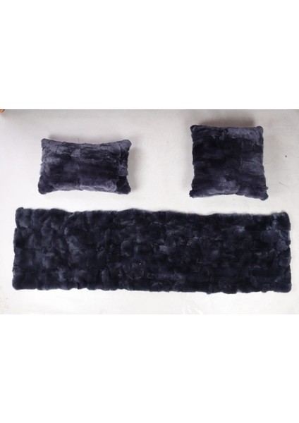 Lacivert Doğal Kürk Koltuk Şal Takımı Şal 50 x 180 Cm, Yastık 50 x 50 Cm, Bel Yastığı 35 x 60 Cm