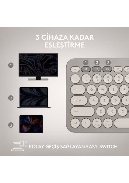 K380 Çoklu Cihaz Özellikli Sessiz Bluetooth Klavye ve M350 Pebble Sessiz Kablosuz Mouse Seti, Bej