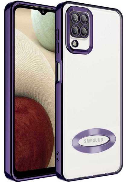 Samsung Galaxy A12 Kılıf Case, Logo Showing Serisi, Şeffaf, Kamera Korumalı, Marka Gösteren Renkli Çizgi Tasarım