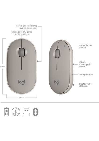 K380 Çoklu Cihaz Özellikli Sessiz Bluetooth Klavye ve M350 Pebble Sessiz Kablosuz Mouse Seti, Bej