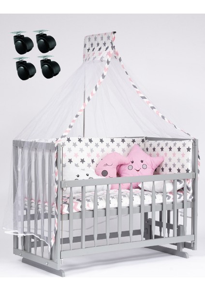 Tekerlekli 60X120 Gri 4 Kademeli Anne Yanı Beşik+Uyku Set+Yatak+Tekerlek