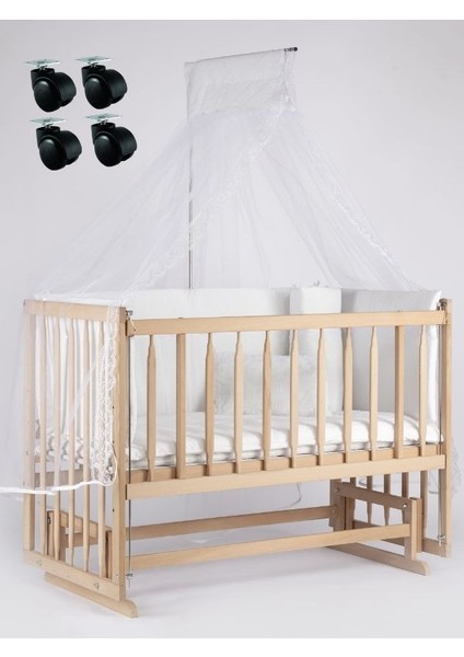 Tekerlekli Süper Natural 60X120 Anne Yanı Sallanır Beşik+Byz Uyku Set+Yatak+Tekerlek