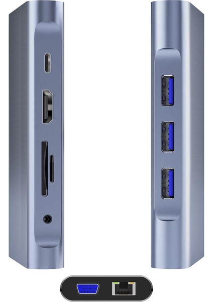 Dm CHB055 Type-C To HI VGA RJ45 Ethernet 3*usb 3.0 Aux Pd Tf Sd Kart Okuyucu Dönüştürücü