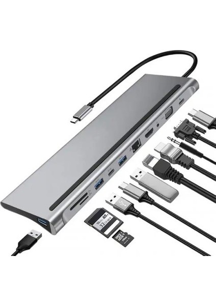 Polham 87W 11IN1 Type C Çevirici Çoğaltıcı Hub, 2x Type C, 1x Vga, 1x Hdmi, 1x RJ45, 3x Usb,1x Sd/tf