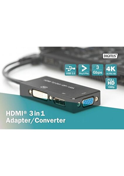 Dıgıtus HDMI 3'den 1'e Dönüştürme Kablosu HDMI Converter Cable, HDMI - Dp+Dvı+Vga M-F/f/f, 0.2m, 3 In 1 Multi-Media