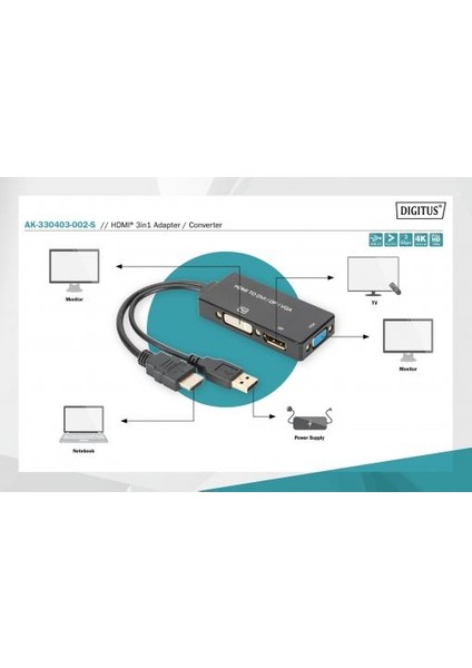 Dıgıtus HDMI 3'den 1'e Dönüştürme Kablosu HDMI Converter Cable, HDMI - Dp+Dvı+Vga M-F/f/f, 0.2m, 3 In 1 Multi-Media