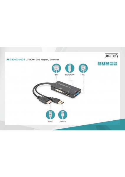 Dıgıtus HDMI 3'den 1'e Dönüştürme Kablosu HDMI Converter Cable, HDMI - Dp+Dvı+Vga M-F/f/f, 0.2m, 3 In 1 Multi-Media