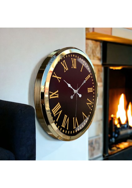Gold Metal Çerçeveli Salon Ofis Otel Duvar Saati 52 cm A3