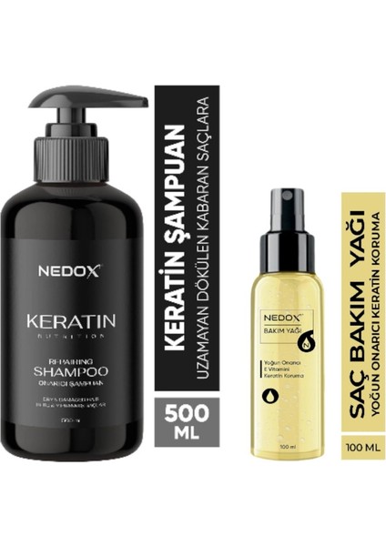 Keratinli Saç Bakım Şampuanı 500 ml + Keratin Özlü Onarıcı E Vitaminli Saç Bakım Yağı 100 ml