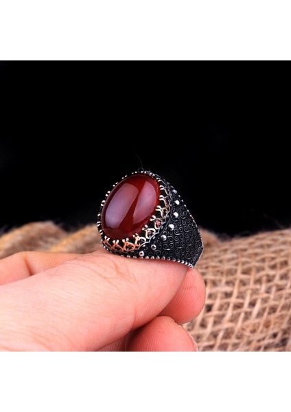 Akik Taşlı Oval Model 925 Ayar Gümüş Erkek Yüzük fırsatları