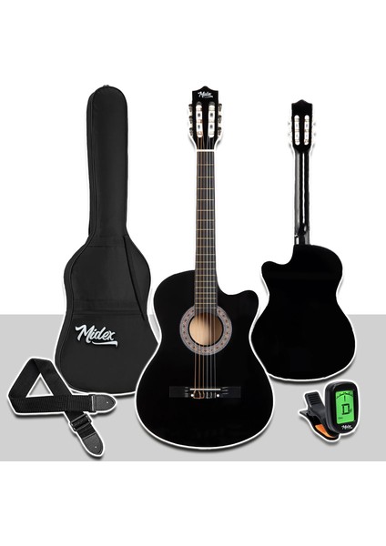 Midex CG-39XBK Siyah Klasik Gitar 4/4 Kesik Kasa Sap Ayarlı (Çanta Tuner Askı Capo Pena Metod)