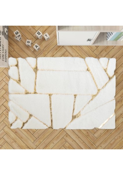 Beyaz Gold Bordürlü Peluş Halı 120 x 180 Cm
