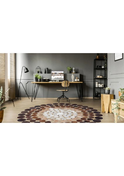 Yuvarlak Krem Kahverengi Dana Derisi Puantiyeli Halı 180 x 180 Cm fiyatları