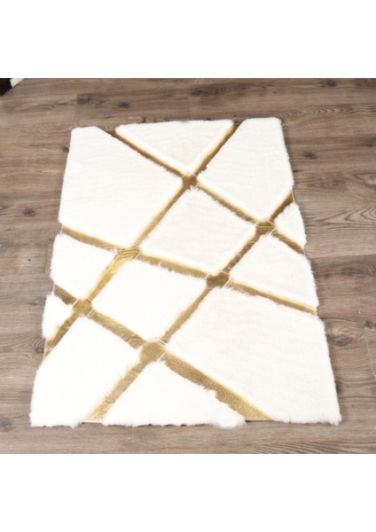 Beyaz Renk Gold Çizgili Kros Model Peluş Halı 160 x 230 Cm fiyatları