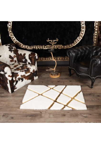 Beyaz Renk Gold Çizgili Kros Model Peluş Halı 170 x 240 Cm indirimleri