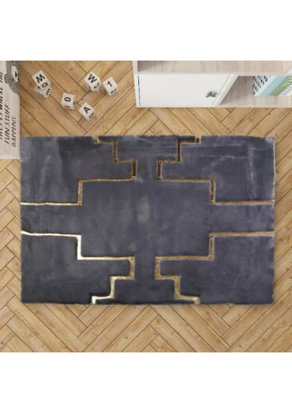 Antrasit Gold Çizgili Peluş Halı 80 x 150 Cm fiyatları