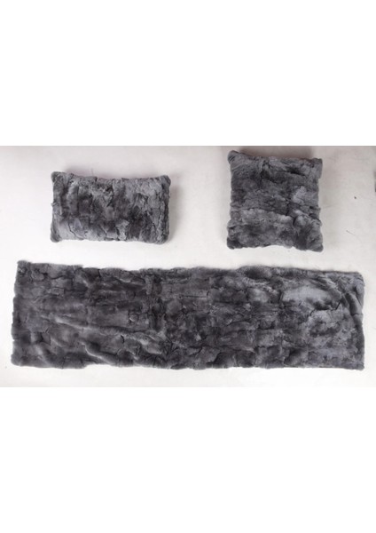 Antrasit Doğal Kürk Koltuk Şal Takımı Şal 50 x 180 Cm, Yastık 50 x 50 Cm, Bel Yastığı 35 x 60 Cm