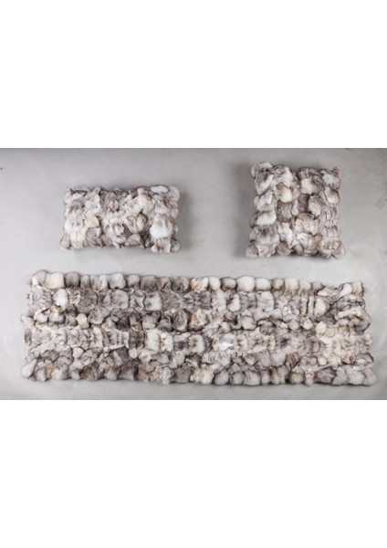 Krem Doğal Kürk Koltuk Şal Takımı Şal 50 x 180 Cm, Yastık 50 x 50 Cm, Bel Yastığı 35 x 60 Cm