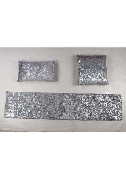 Açık Gri Gümüş Kuşayağı Baskılı Koltuk Şal Takımı Şal 50 x 180 Cm, Yastık 50 x 50 Cm, Bel Yastığı 35 x 60 Cm