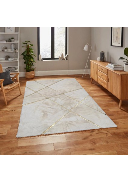 Beyaz Gold Bordürlü Peluş Halı 80 x 150 Cm