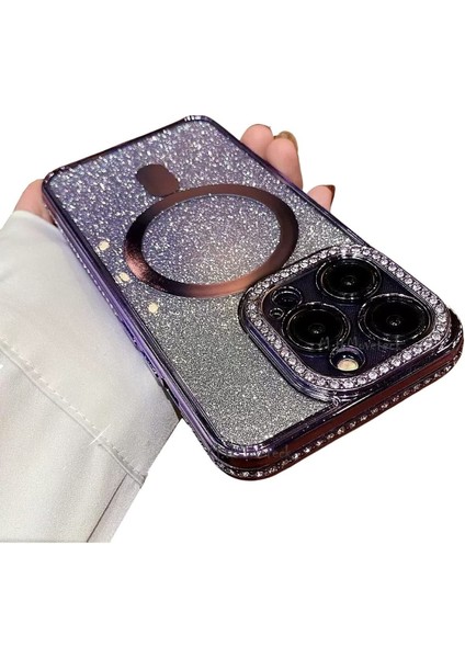 Iphone 14 Pro Için Kamera Korumalı Swarovski Özel Taşlı Kılıf Gösterişli Manyetik Magsafe Destekli Simli Iç Dokusu Parlak
