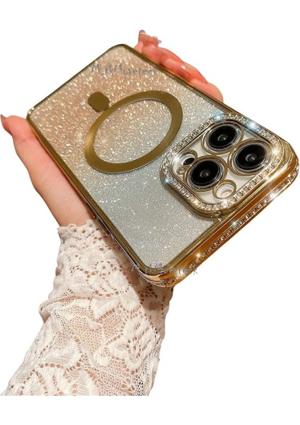 Iphone 14 Pro Için Kamera Korumalı Swarovski Özel Taşlı Kılıf Gösterişli Manyetik Magsafe Destekli Simli Iç Dokusu Parlak