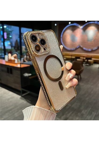 Iphone 14 Pro Için Kamera Korumalı Swarovski Özel Taşlı Kılıf Gösterişli Manyetik Magsafe Destekli Simli Iç Dokusu Parlak