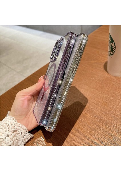 Iphone 14 Pro Için Kamera Korumalı Swarovski Özel Taşlı Kılıf Gösterişli Manyetik Magsafe Destekli Simli Iç Dokusu Parlak
