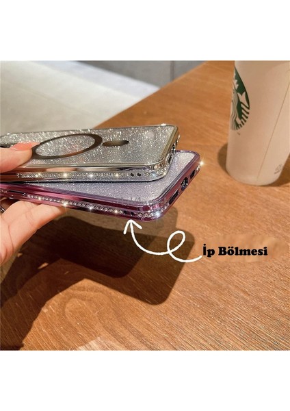 Iphone 14 Pro Için Kamera Korumalı Swarovski Özel Taşlı Kılıf Gösterişli Manyetik Magsafe Destekli Simli Iç Dokusu Parlak