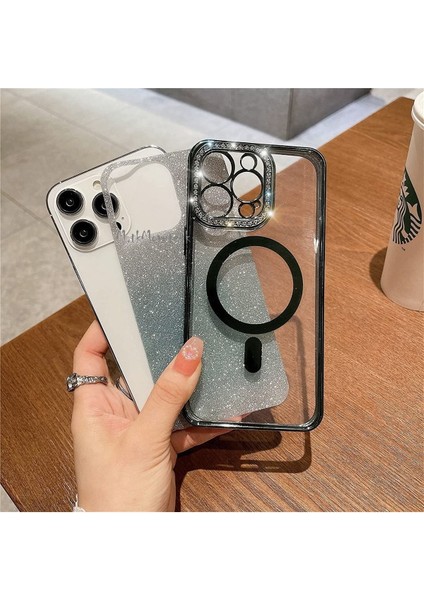 Iphone 14 Pro Için Kamera Korumalı Swarovski Özel Taşlı Kılıf Gösterişli Manyetik Magsafe Destekli Simli Iç Dokusu Parlak