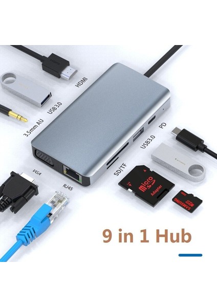 Type-C 9in1 4K HDMI VGA RJ45 Micro Sd Tf 3.5mm 2xusb Şarj Çevirici Hub