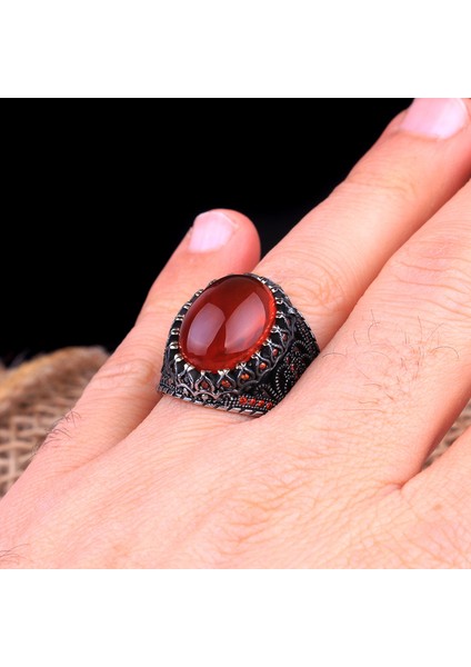 Akik Taşlı Oval Model 925 Ayar Gümüş Erkek Yüzük fiyatları