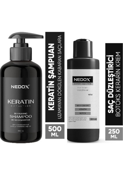 Keratinli Saç Bakım Şampuanı 500 ml + Saç Düzleştirici - Şekillendirici Keratin Botoks Krem 250 ml