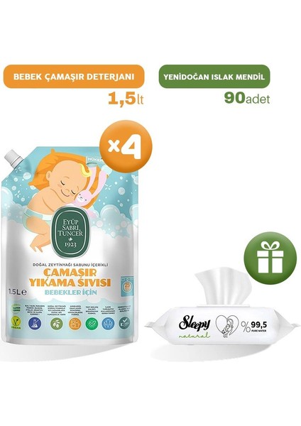 Bebek Çamaşır Deterjanı 1500 ml x 4, + Islak Mendil