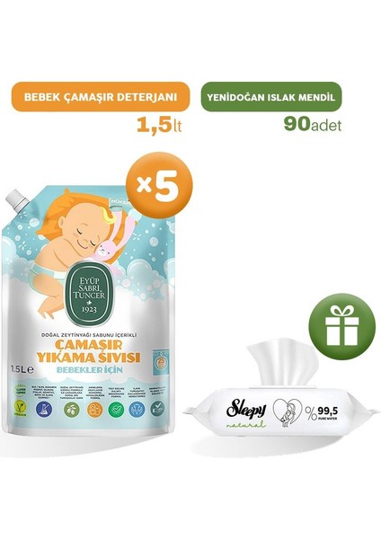 Bebek Çamaşır Deterjanı 1500 ml x 5, + Islak Mendil