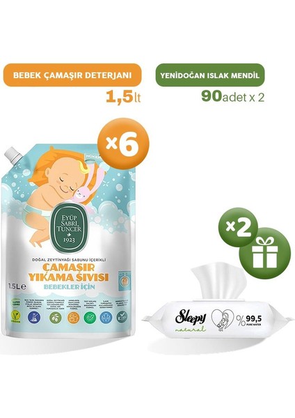 Bebek Çamaşır Deterjanı 1500 ml x 6, + Islak Mendil