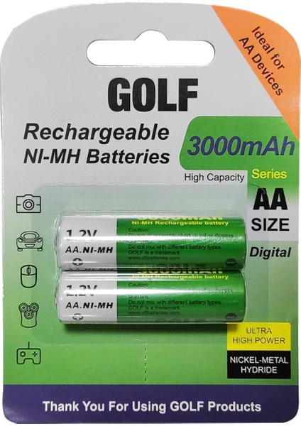 Şarjlı Pil Aa Kalem 3000MAH 3000 Serıes Nı-Mh (2 Adet) Golf
