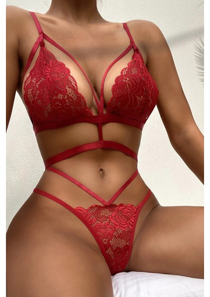 Kadın Lastik Detaylı Sütyen Külot Bralet Takımı - Kırmızı Dantel İç Çamaşırı - 5500 fiyatları