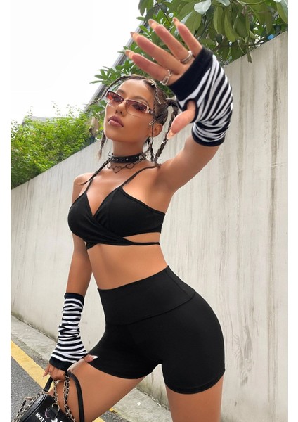 Kadın Siyah Yüksek Bel Spor Kısa Şort Tayt 4096 modelleri