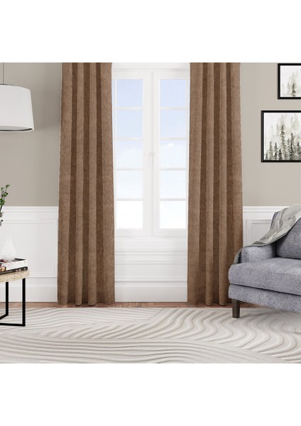 Fon Perde Özel Ölçüye Uygun Kadifemsi Pilesiz Bohem Salon Otel Oturma Çocuk Odası Tek Kanat Camel