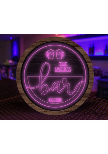 Kişiye Özel LED Işıklı Yuvarlak Bar Tabelası, Işıklı Tabela, Bar Dekorasyonu, Duvar Dekoru, Home Bar Tabela-5